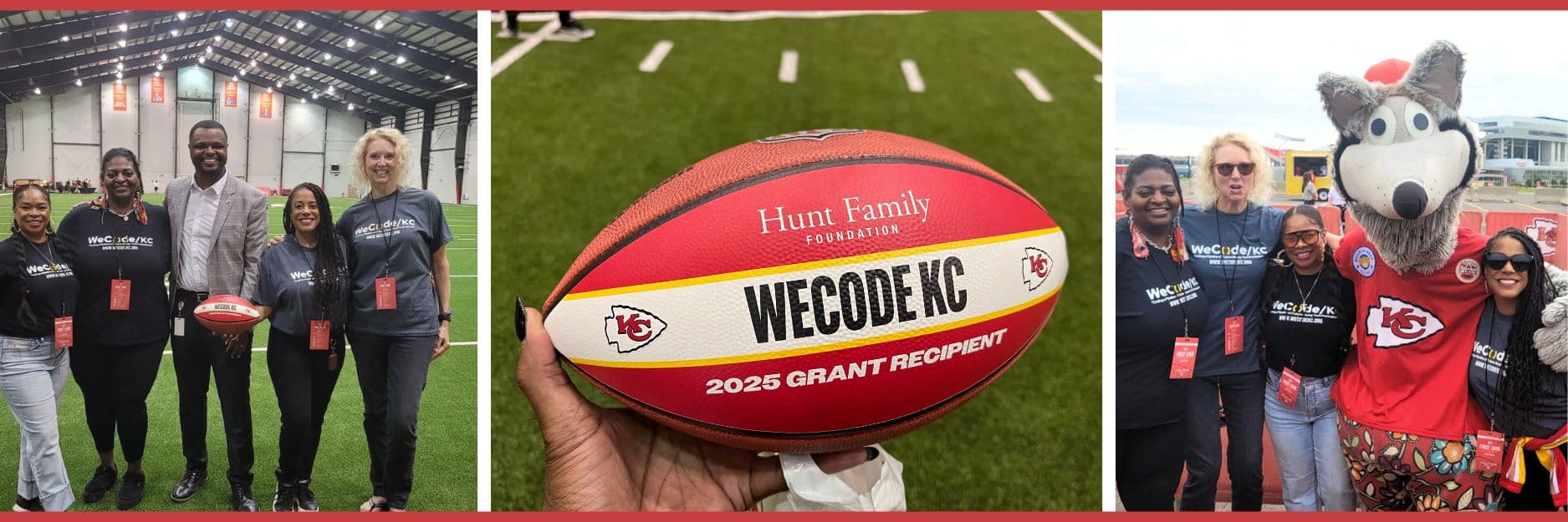 WeCode KC Awarded 2025 Hunt Family Foundation Grant - Team photos with commemorative football
